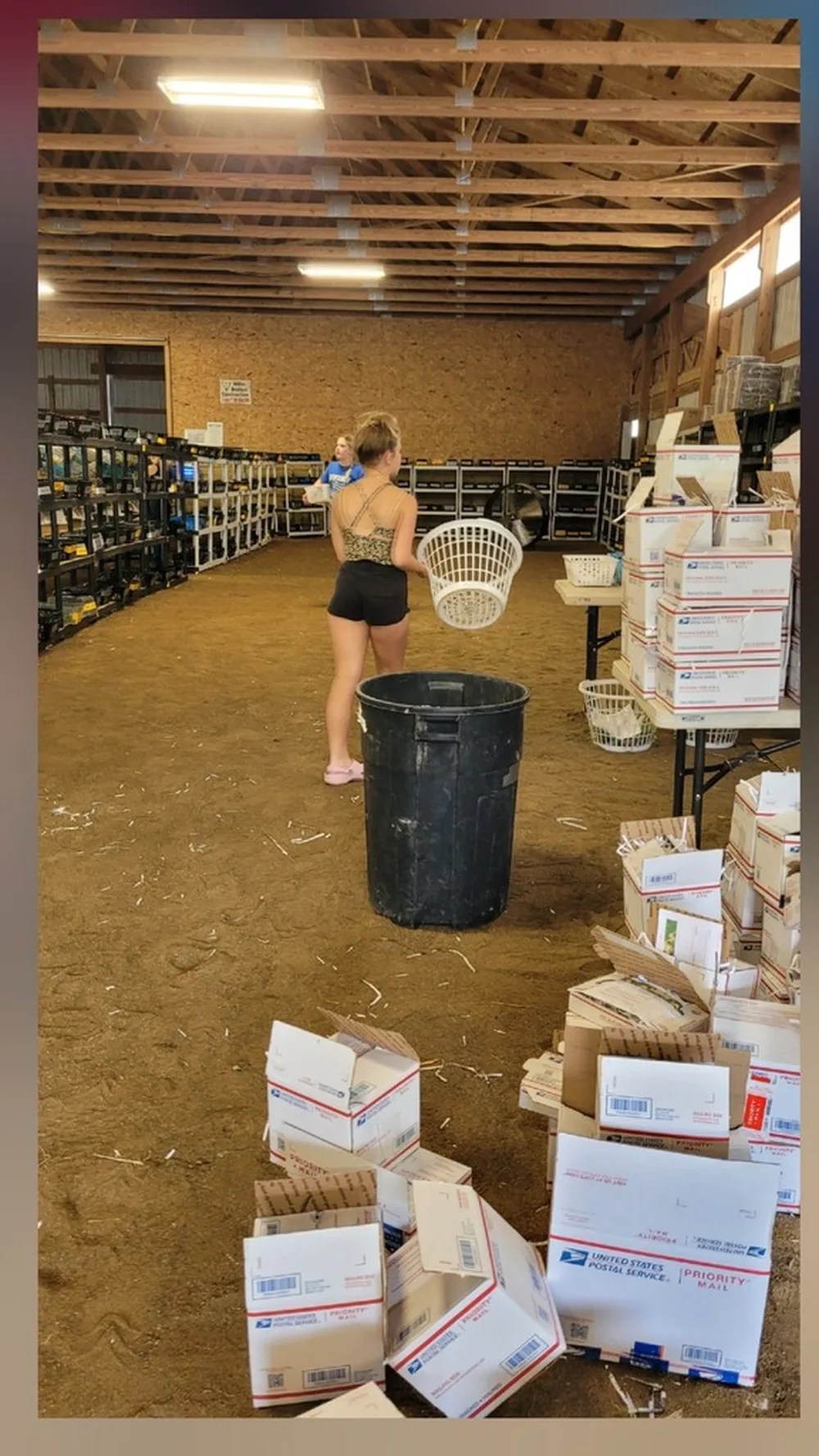 Inside the PetalsWings barn — USPS boxes ready for shipping